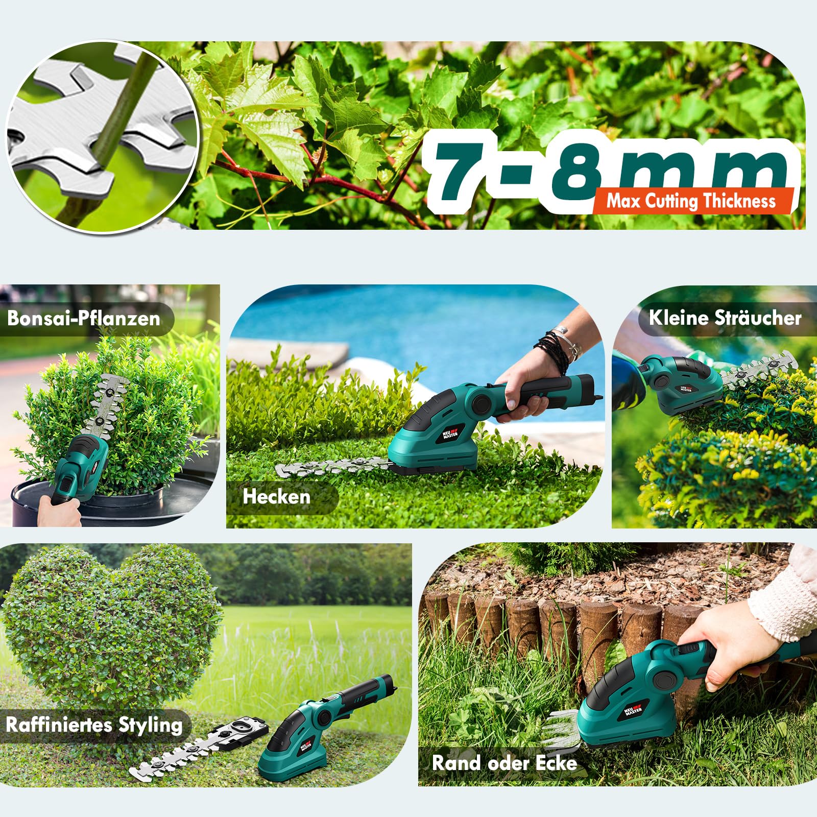 NEU MASTER Akku Grasschere - Gartenschere/Strauchschere/Rasenschere Akku, (Verstellbarer Griff, Integrierter 3,6V, 2000mAh) mit 2 Verschiedene Messer, Messerlänge 8,2cm/14cm und Ladekabel