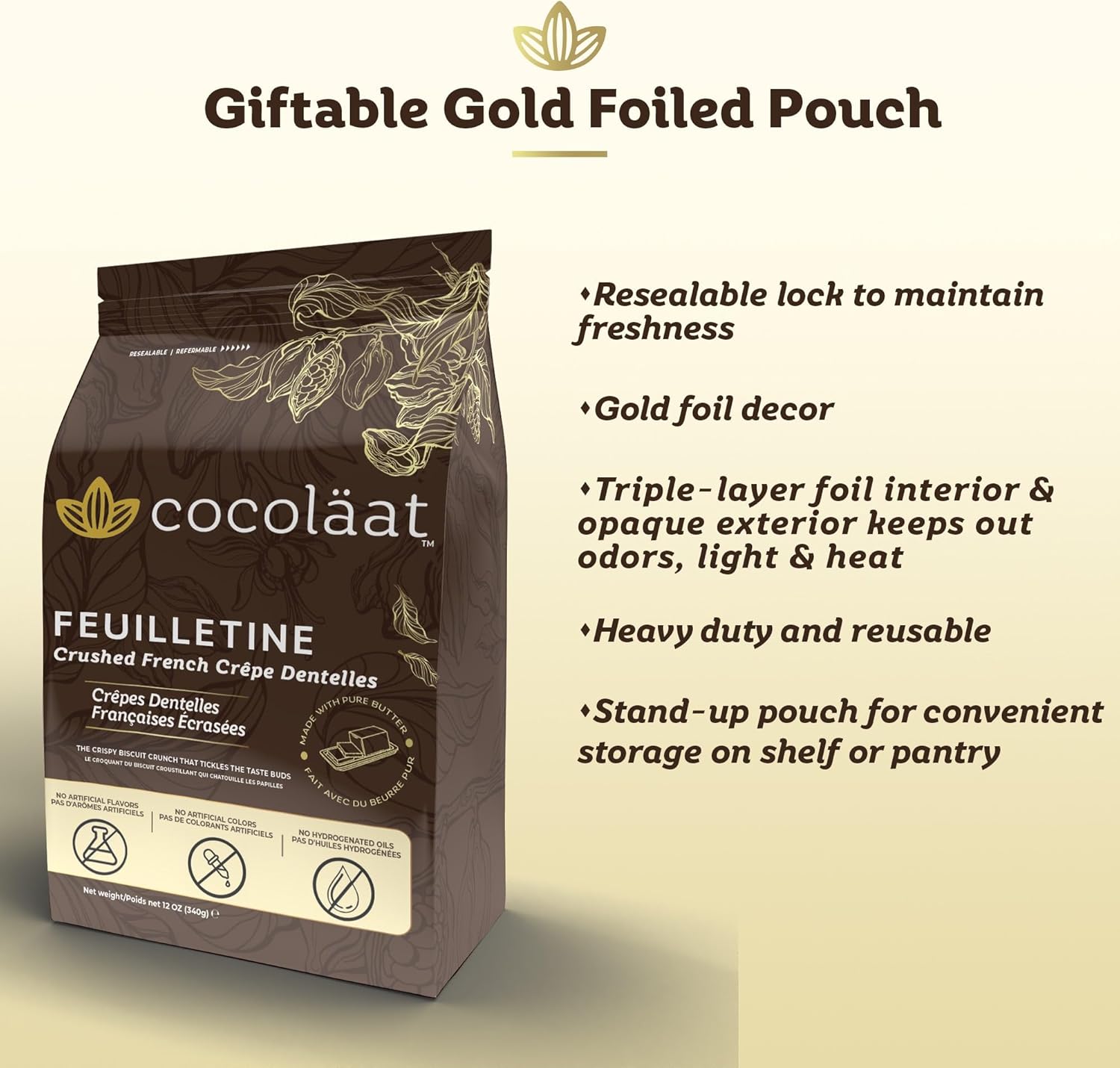 Cocoläat Feuilletine Crushed French Crêpe Dentelles | Crumbled Biscuit Crunch | Made With Real Butter | Imported from France | Resealable Stand Up Pouch | 12 oz/340 g