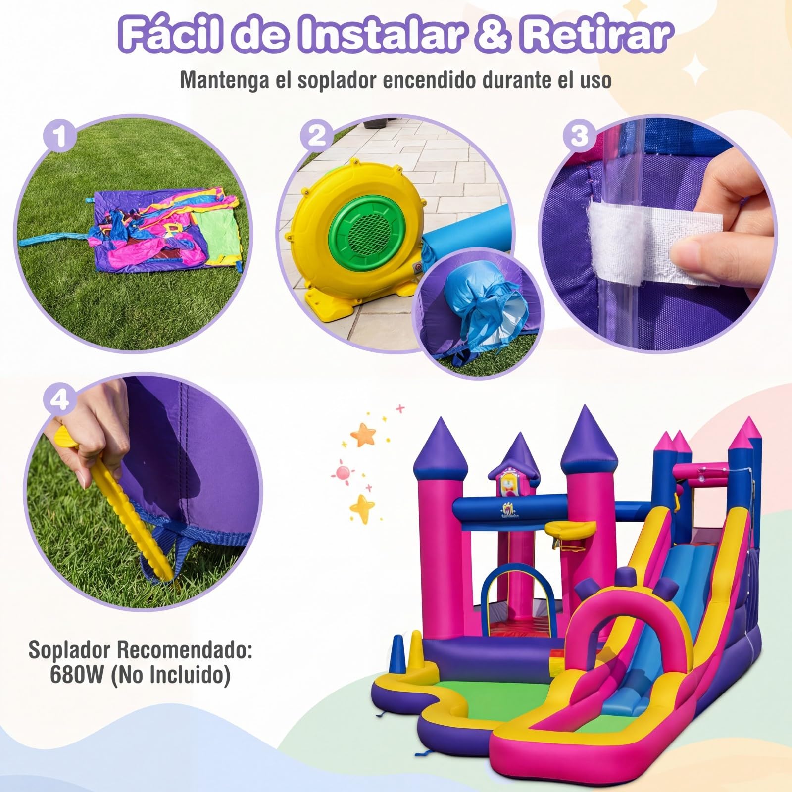 COSTWAY Castillo Hinchable para Niños, Parque Infantil Acuático Tema de Princesas con Tobogán Largo, Canasta de Baloncesto, insuflavel criança para Niños, Jardín, Césped, 460x290x245 cm (sin Soplador)