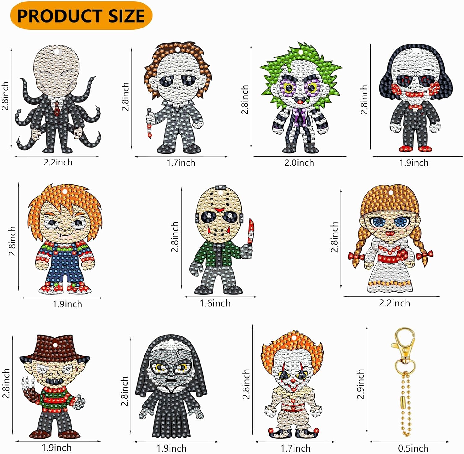 WEUOPG 10 Pcs Halloween Diamond Art Keychains, Horror Movie Diamond Painting Keychains for Crafts, Creative Festival Decoration, Double Sided Hanging Pendants for Decorations image 2
