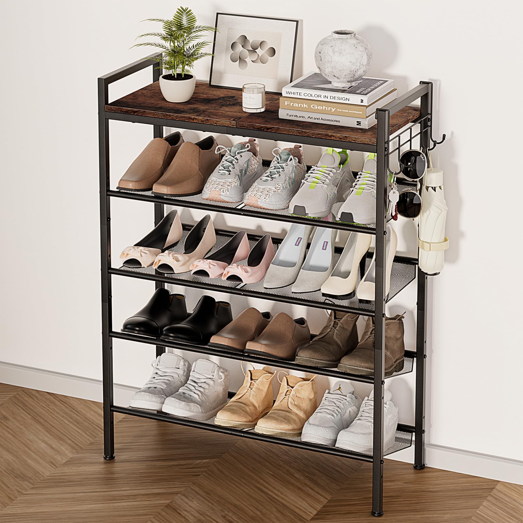 5 Tier Shoe Rack, Shoe Rack for Front Door Entrance with Hook, Shoe Organizer with Adjustable Mesh Shelves, Metal Shoes Rack for Entryway, Closet,