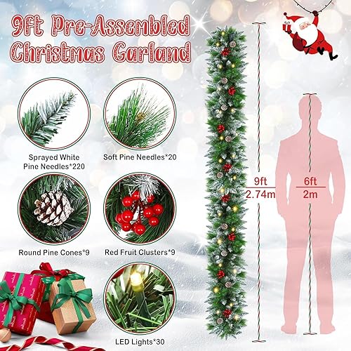 Miniatura 3 de Guirnalda de Navidad, guirnalda de Navidad con luces, guirnalda de Navidad de 9 pies iluminada con luces LED, para escaleras, chimeneas, decoración