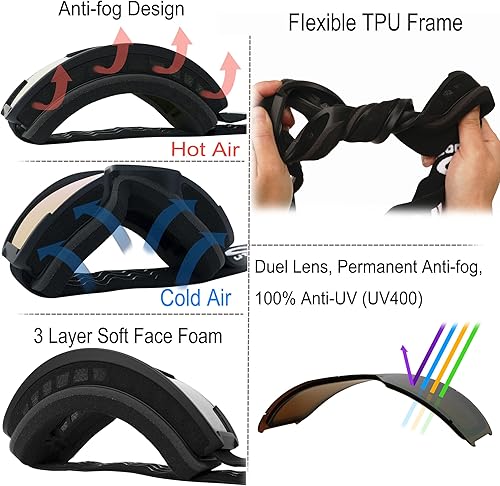 Miniatura 4 de OUTDOOR SPARTA Gafas de esquí para adultos, compatibles con casco, para hombres y mujeres, con 100% protección UV, SNOW-044