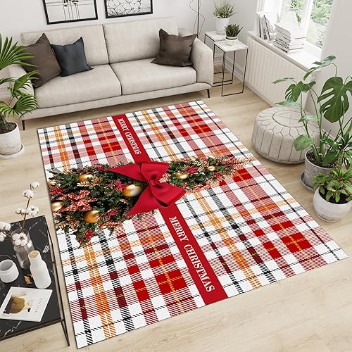 Miniatura 4 de Alfombra de árbol de Navidad, alfombra a cuadros rojos y blancos, alfombra antideslizante para interiores, dormitorio, sala de juegos, alfombra de