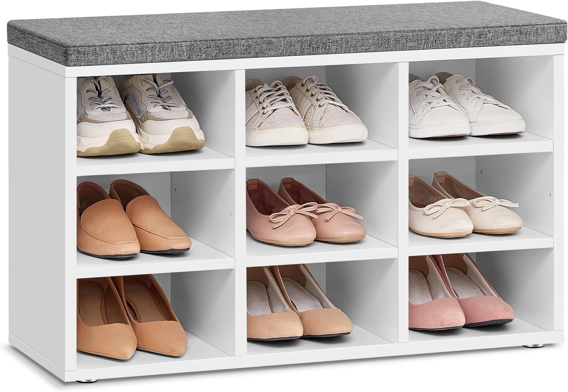 VASAGLE Shoe Bench, Storage Bench with Padded Seat, with Cushion, 9 Compartments, Adjustable Shelves, for Living Room, Hallway, 30.3 x 78.5 x 48 cm, Cloud White LHS009W14