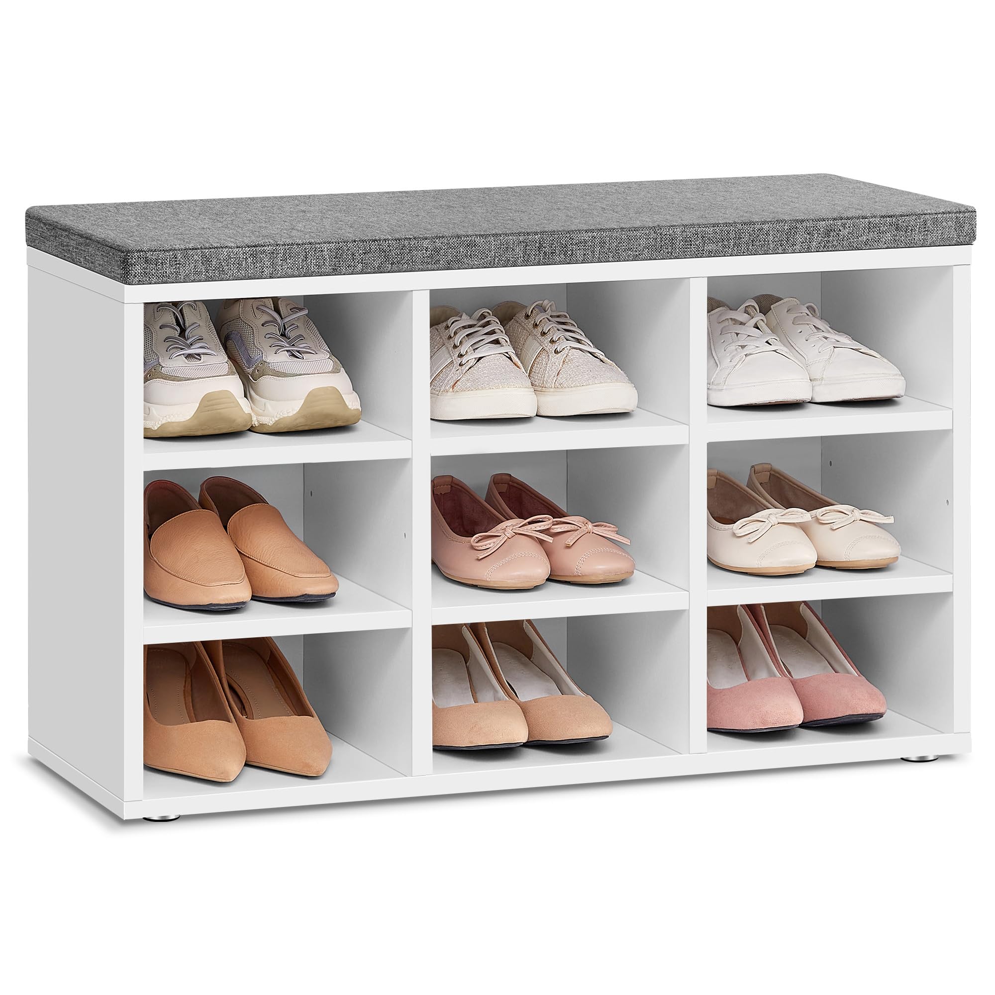 VASAGLE Shoe Bench, Storage Bench with Padded Seat, with Cushion, 9 Compartments, Adjustable Shelves, for Living Room, Hallway, 30.3 x 78.5 x 48 cm, Cloud White LHS009W14