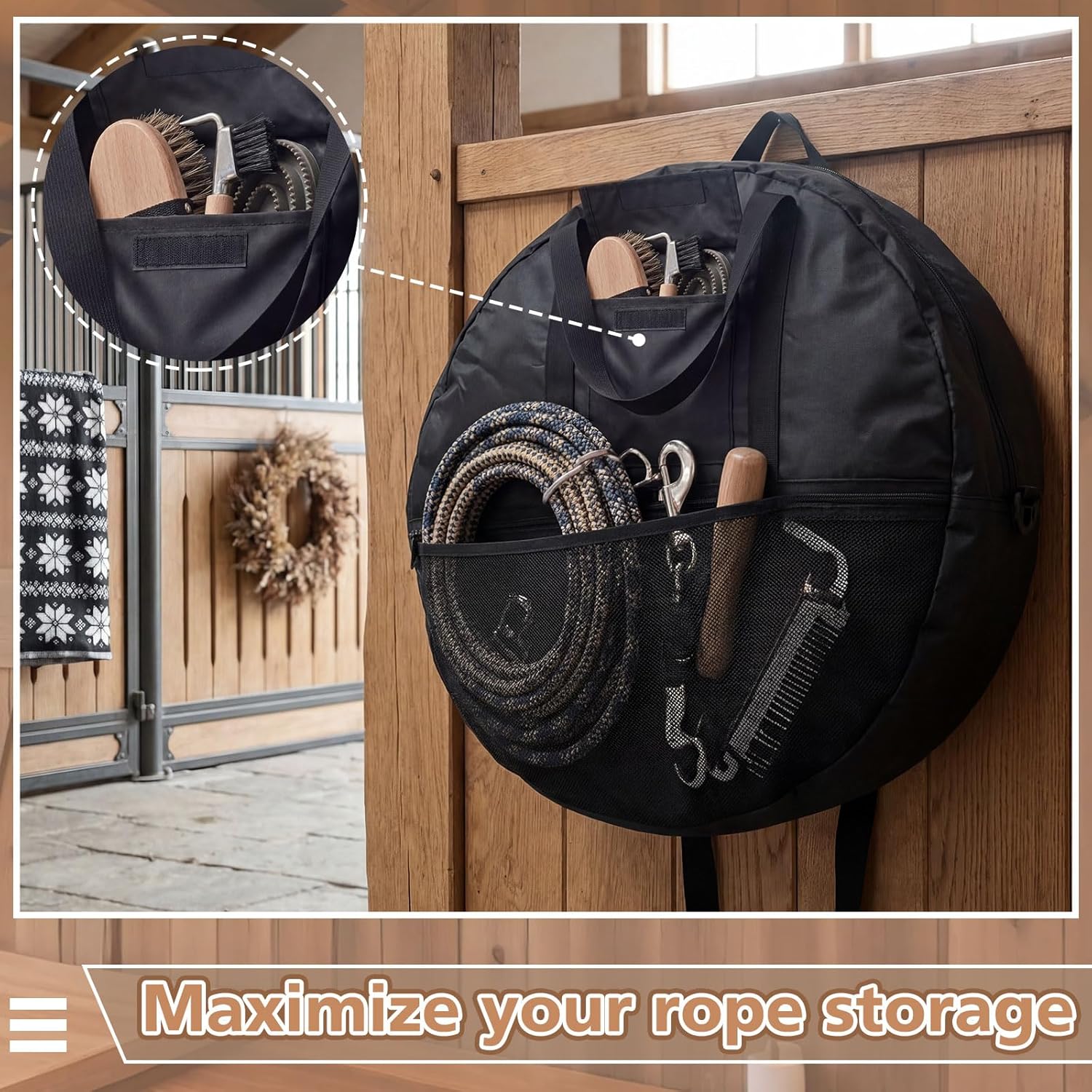 21 x 8 Inch Double Rope Bag with Strap for Trail and Working, Adjustable Strap Round Carry Bag for Roping Equipment Equestrian Accessories
