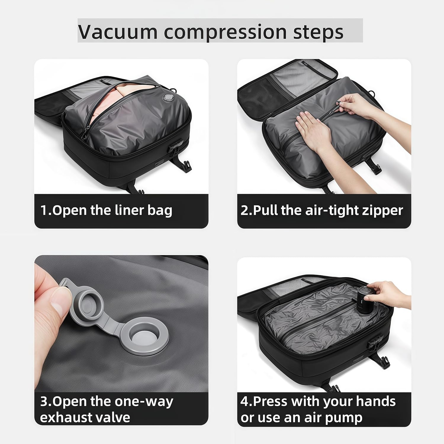 Vacuum Backpack Travel, Expandable Air Compression System, Airback Vacpack Backpack TSA Lock Water Resistant Carry-On Luggage Black with Air Pump - Image 5