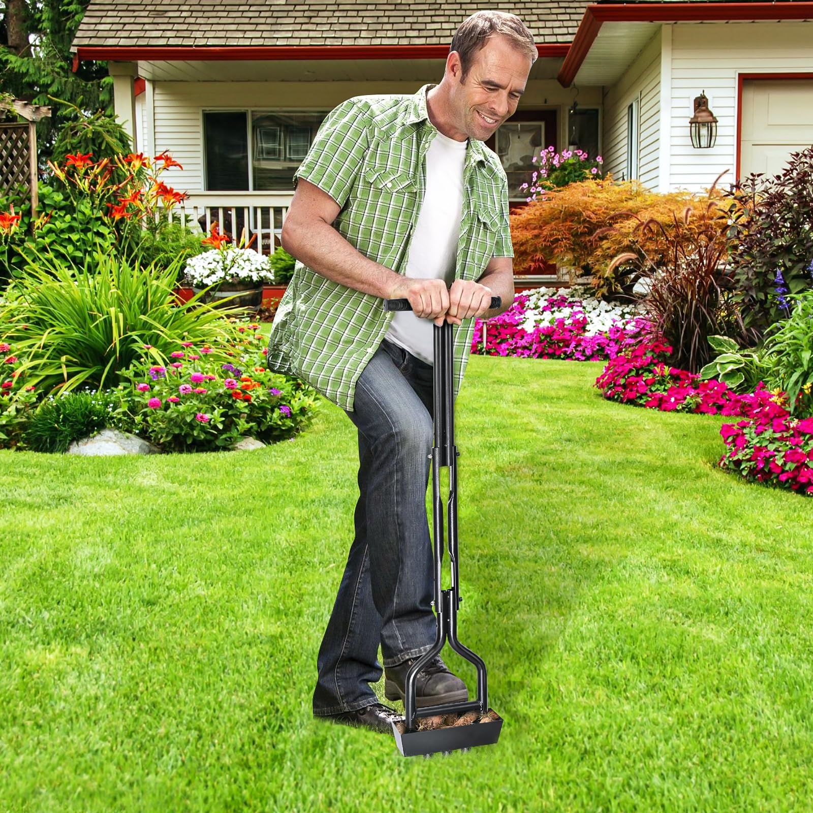 Aireador Cesped, 110cm Aireador Cesped Escarificador Cesped Manual, Aireador de Césped de Jardinería, Escarificador Cesped Manual para airear césped, Suelos con 3 Clavos de Acero Macizo de 10CM