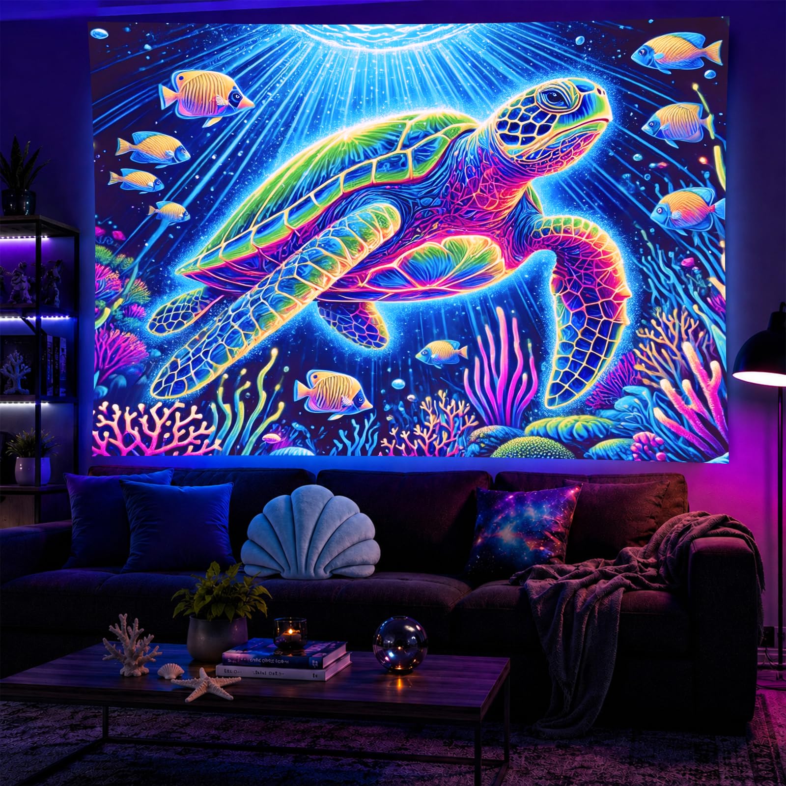 BlissYard Blacklight Tapestry Sea Turtle Wall Hanging 78 x 59 Inch