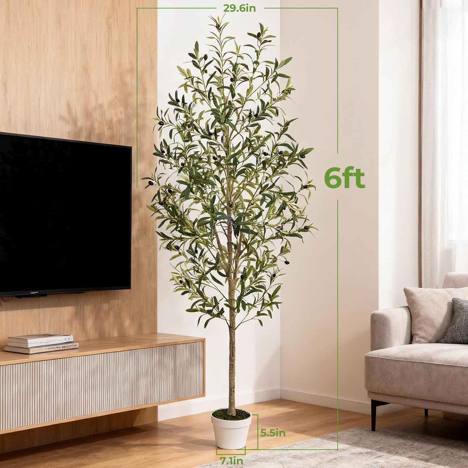 Artificial Olive Trees with Lifelike Natural Trunk, Leaves, Moss and Fruits, 6FT Tall Faux Olive Tree with White Versatile Nursery Pot, Fake Plants for Indoor Home Decor, Office Decor, Room Decor