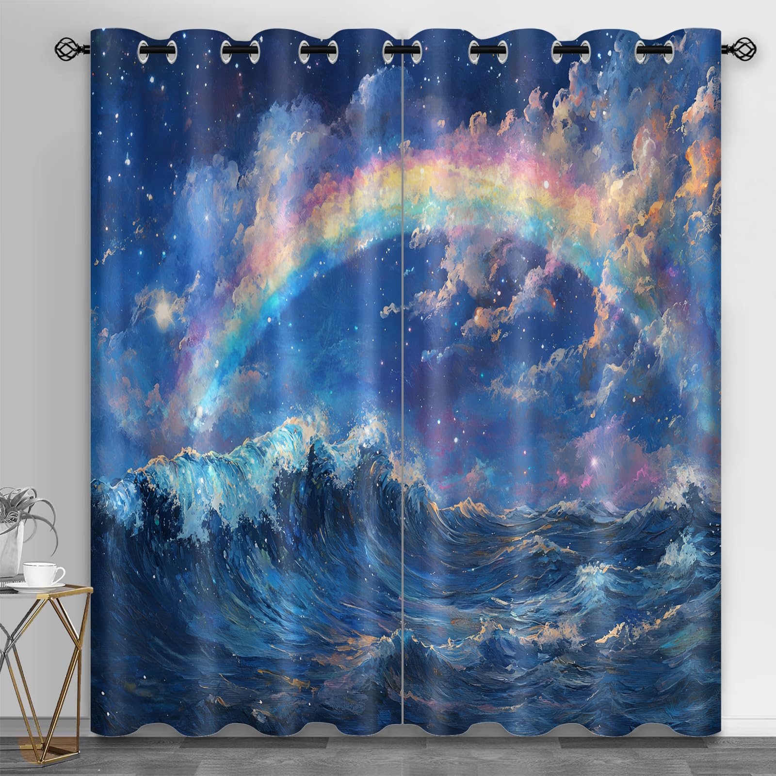 Rideaux courts motif vagues peinture abstraite imprimée en haute définition pour fenêtres