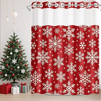No Hook Shower Curtain Set, Snowflake Christmas, Fabric, 71x74 Inch | with Snap-in Liner, Crystal Red Double Layers Waterproof Fabric with See Through Top Window Bath Curtain