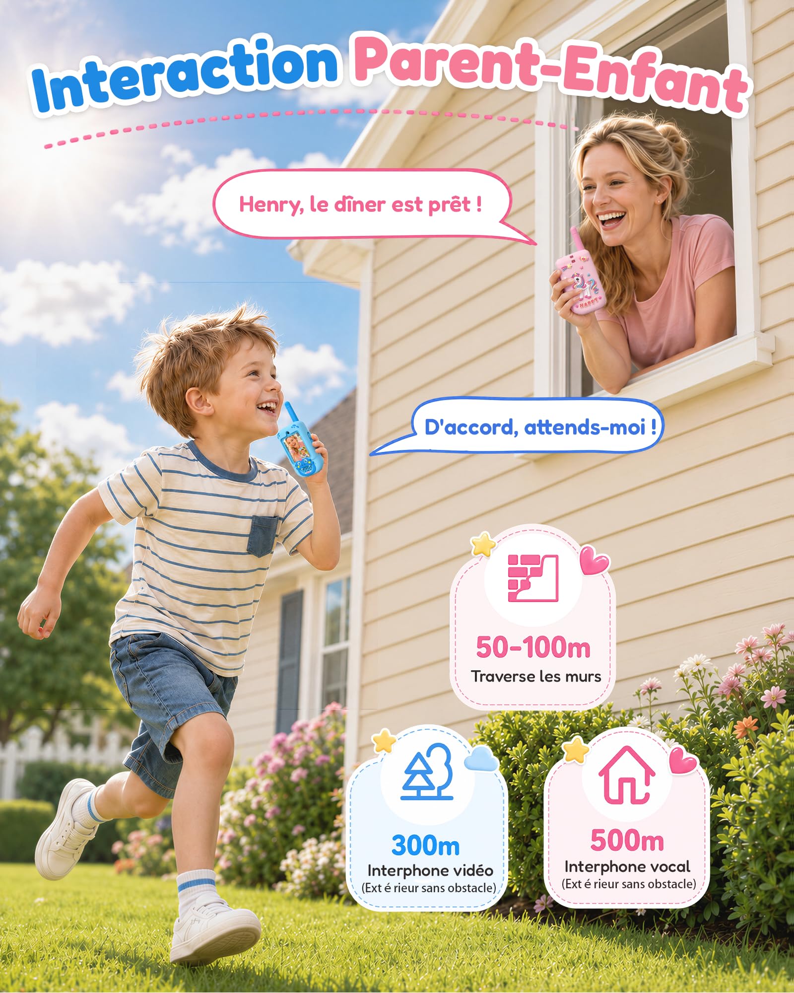 KOKODI Talkie-walkie Vidéo pour Enfants 3 à 9 Ans, Talkies Radio Rechargeables avec Écran Temps Réel et Coques Silicone Fun (Dinosaure Bleu & Licorne Rose)
