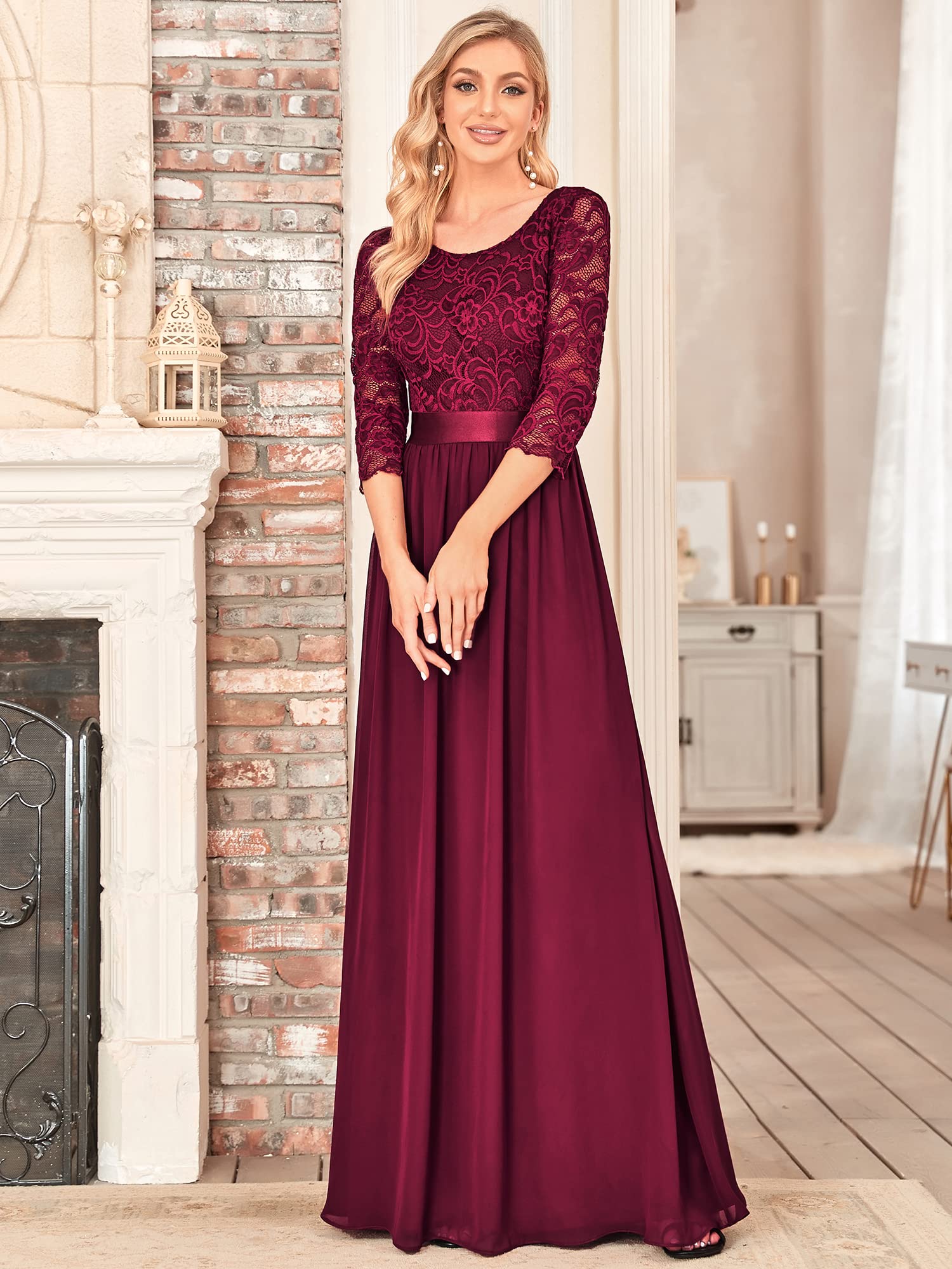 Ever-Pretty Vestito Donna Elegante Cerimonia 3/4 Manich Stile Impero Maxi Linea ad A Pizzo Chiffon Abiti da Damigella EP07412