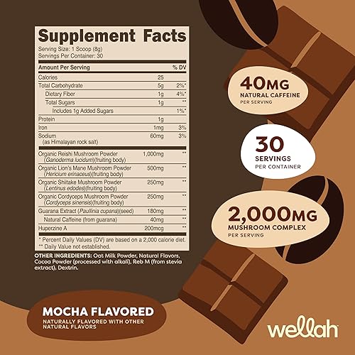Miniatura 2 de Wellah Wake Up Adaptogenic - Mezcla de bebida de hongos con sabor a moca (30 porciones)  40 mg de cafeína natural, 2000 mg de complejo de hongos