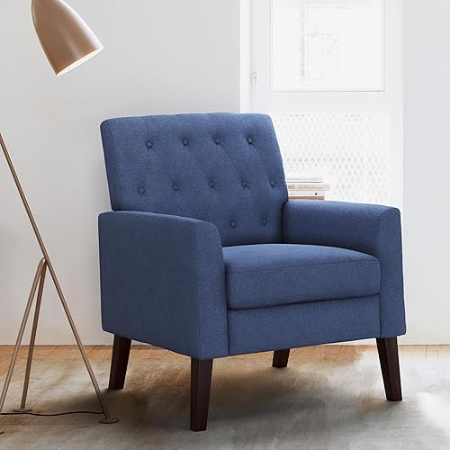 LUE BONA Silla de acento de lino azul marino de 18.5" de altura, sillón con capitoné de botones, cómoda silla de sala de estar con brazos, sillas