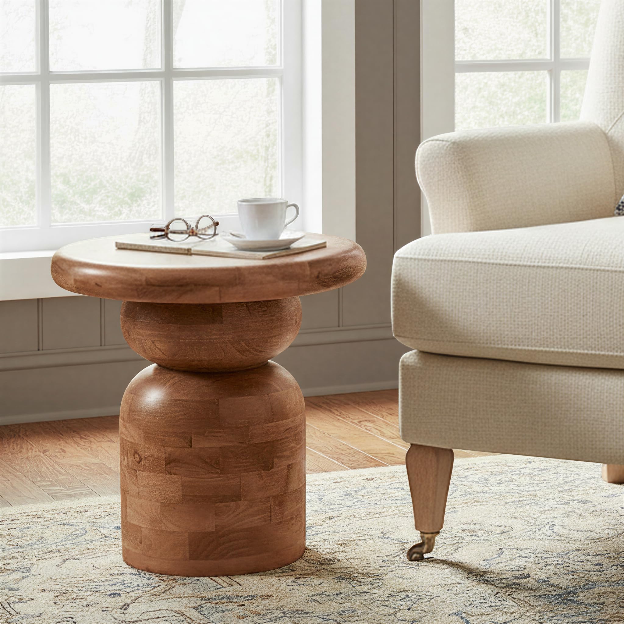 Creative Co-Op Round Mango Wood Accent Table with Stacked End Grain Base, Walnut Finish