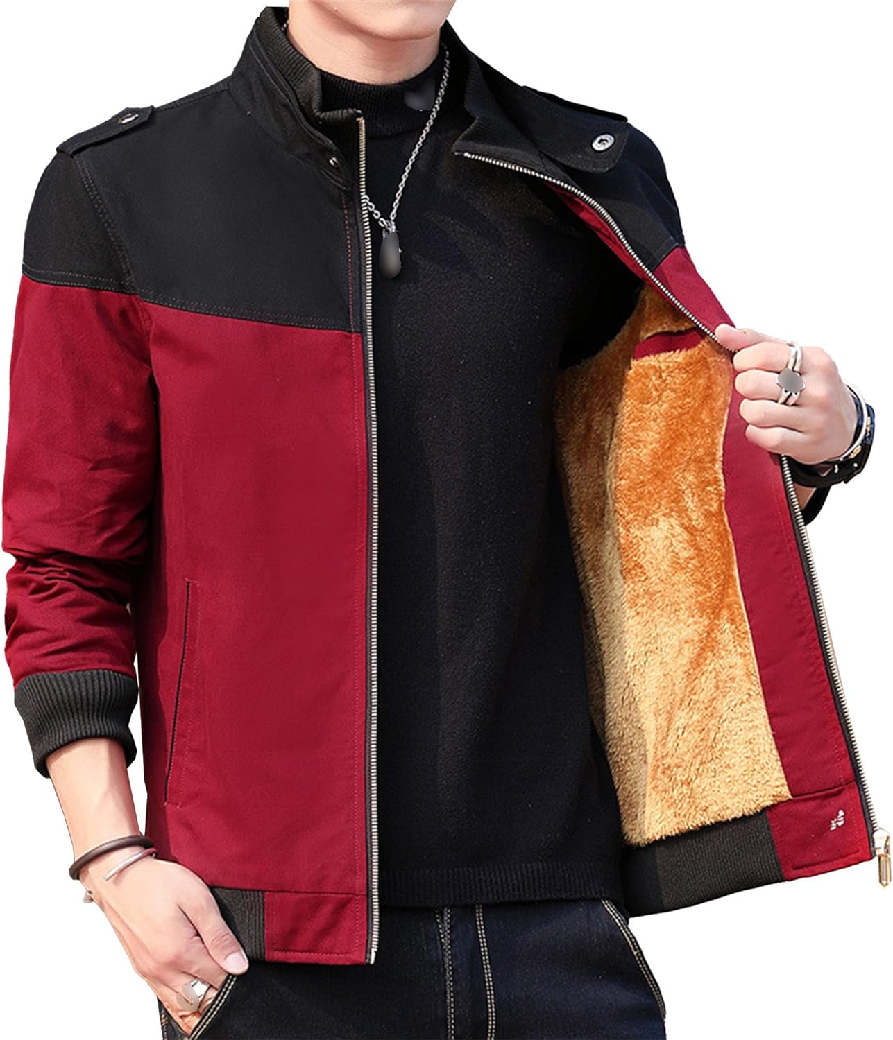 JEsilunmaMY Men's Color Block Cotton Cargo Jacket Classic Stand Collar Sherpa Jacket Fleece Lined Warm Winter Bomber Coat