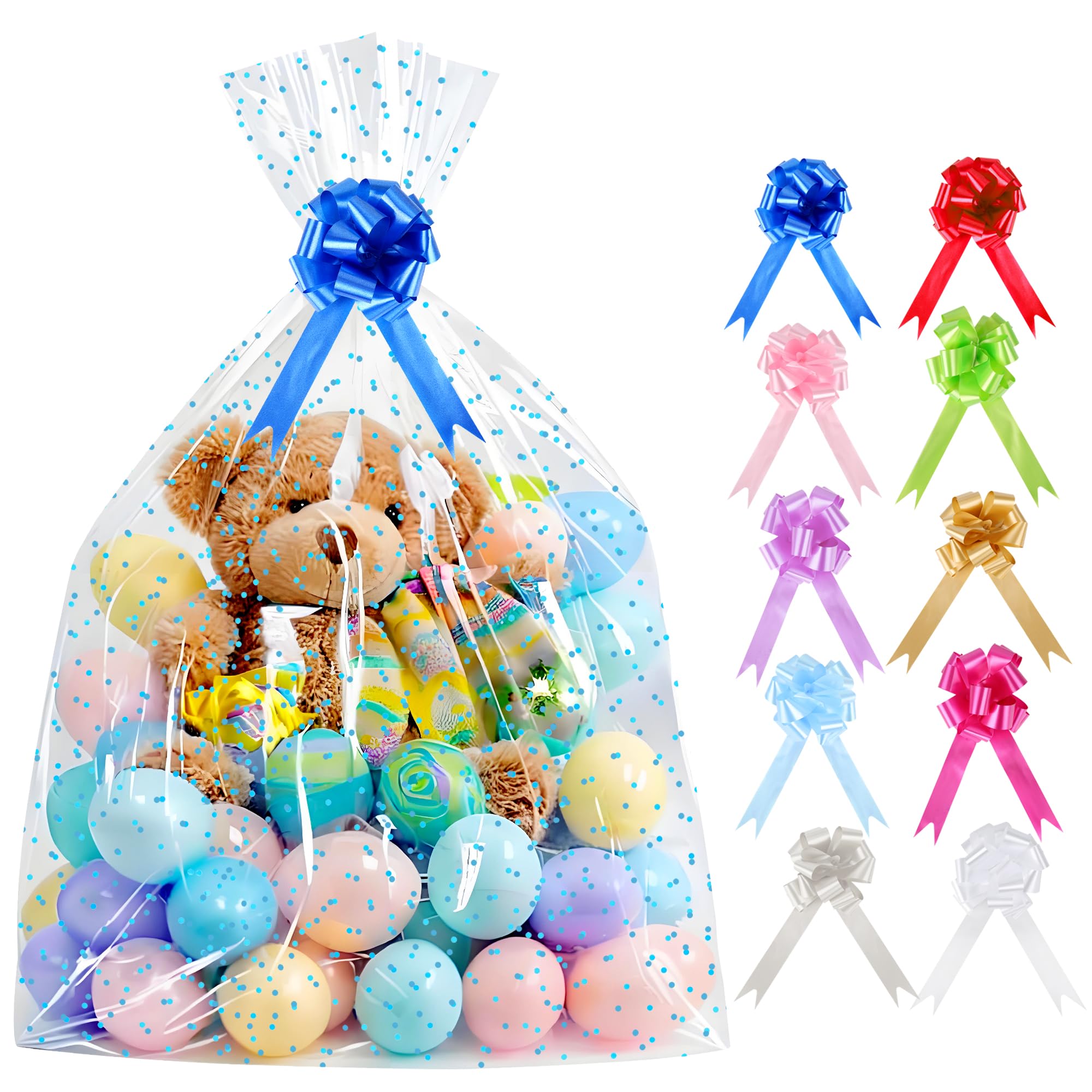 CMFYHM 10 Pack Large Cello/Cellophane Bags with Blue Polka Dot (30in x 40in) Clear Basket Bags,Clear Cellophane Wrap Bags for Gift Baskets, Gift Bags