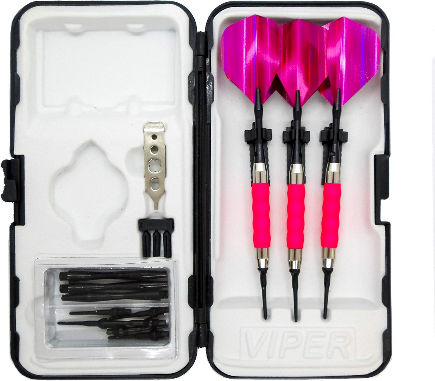 sure grip Pink Viper Soft Tip Darts with Dart Case & Accessories Choice of Flights 16 or 18 Grams Plus I Love Darts Bracelet (Holographic, 16g)