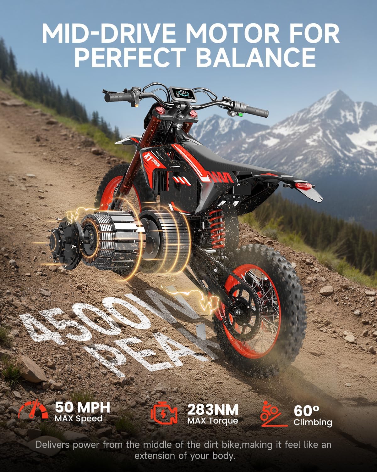 X1 Spark Electric Dirt Bike for Adults Teens, 60V/28.8Ah Battery, 50 MPH, 4500W Peak Motor 283Nm Motor 60° Slope, Dual Hydraulic Brakes and Full Suspension Electric Motorcycle for Age 13+(M)