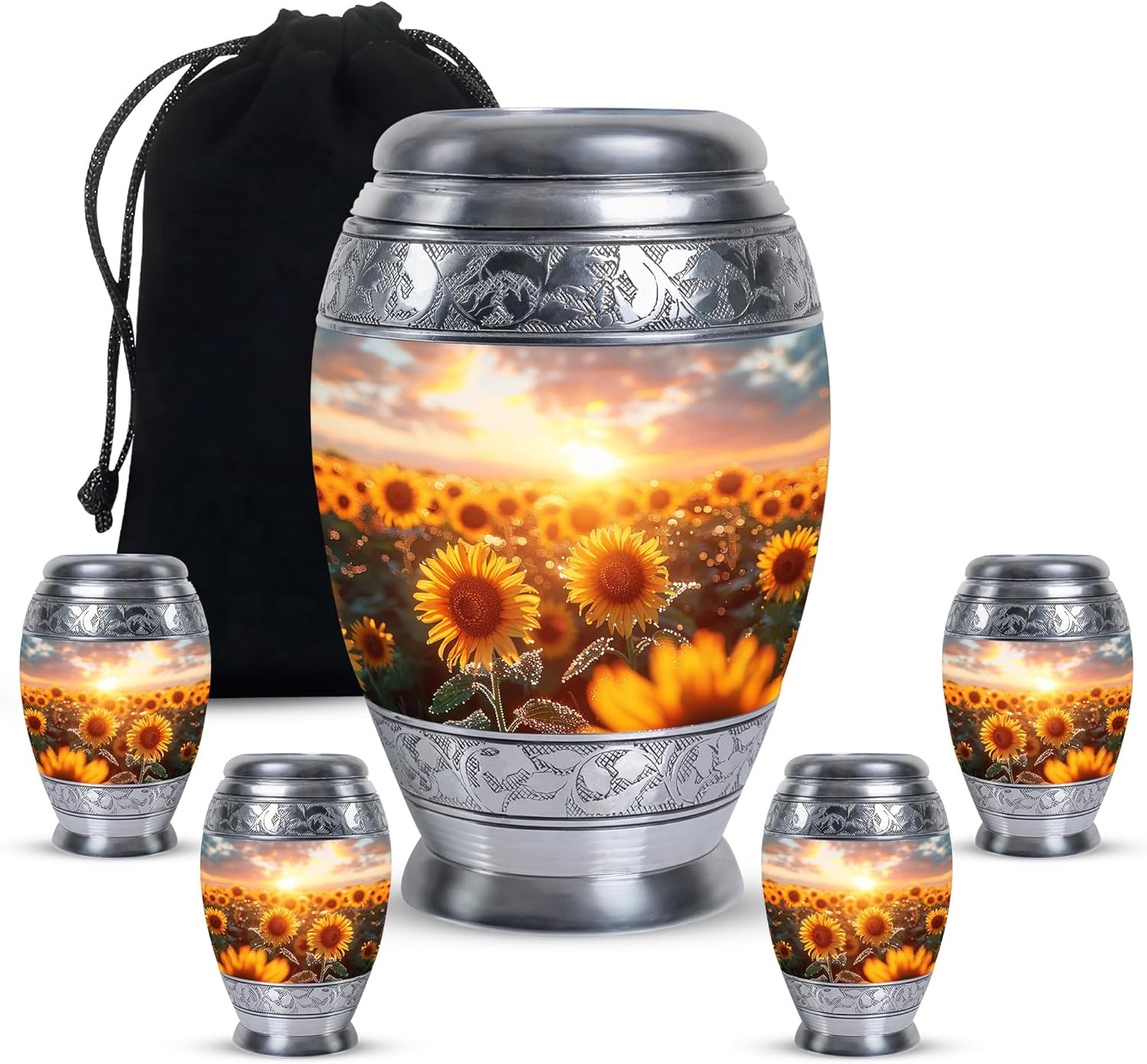 Sunflower Twilight - Large with Velvet Bag - Urn for Human Ashes for Adult Male & Female - Memorial for Human Remains Mom & Dad - Cremation Urn for Adult Men & Women - Funeral Decorative Urns