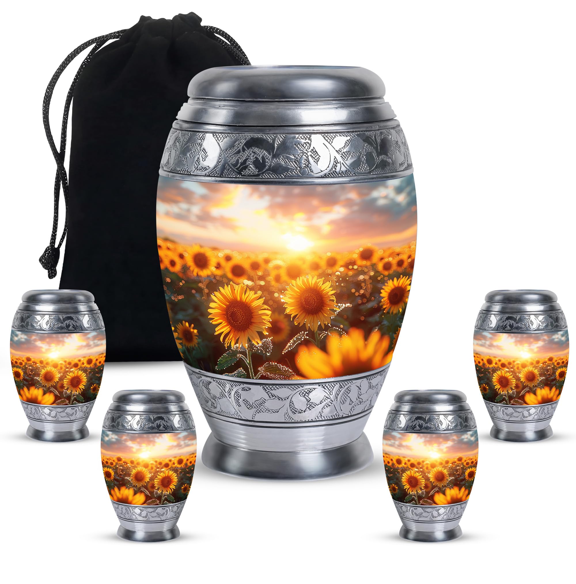 SUBSH Sunflower Twilight - Combo of 1 Large Urns with Velvet Bag and 4 Small - Urns for Human Ashes Adult Men - Small Urns for Ashes - Large Urn for Mom & Dad - Cremation Urns Small - Funeral Urns