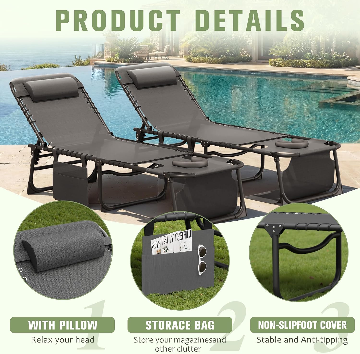 Devoko 2 Pack Beach Lounge Chair, Outdoor Sun Tanning Chair with Face Hole, Heavy Duty Folding Portable Lay Chaise Lounge Chairs for Outside Beach Pool Camping Patio, Grey