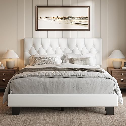 Miniatura 11 de iPormis Base de cama tapizada tamaño Queen con cabecera capitoné con botones, cama plataforma de lino con patas de soporte gruesas, no necesita