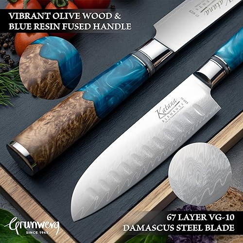 Miniatura 3 de Elements Collection - Cuchillo Santoku de 4.7 in, cuchillas de acero Damasco VG-10 Premium, mango de madera de olivo y resina, funda y caja