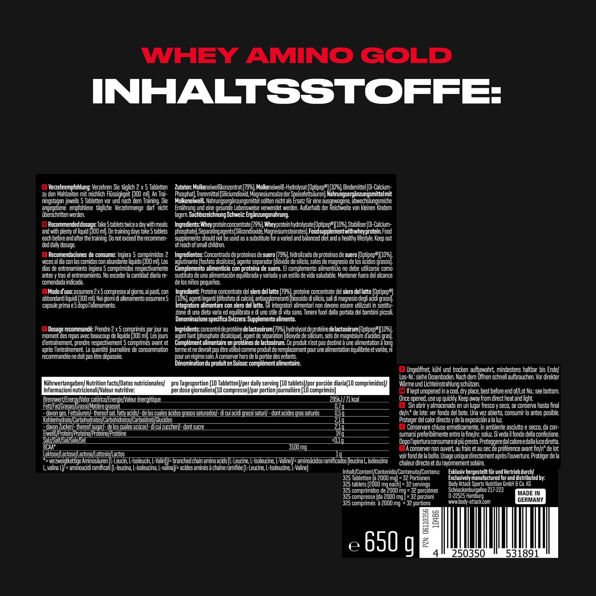 Body Attack Whey Amino Gold 325 Tabletten, 1er Pack (1 x 650g)