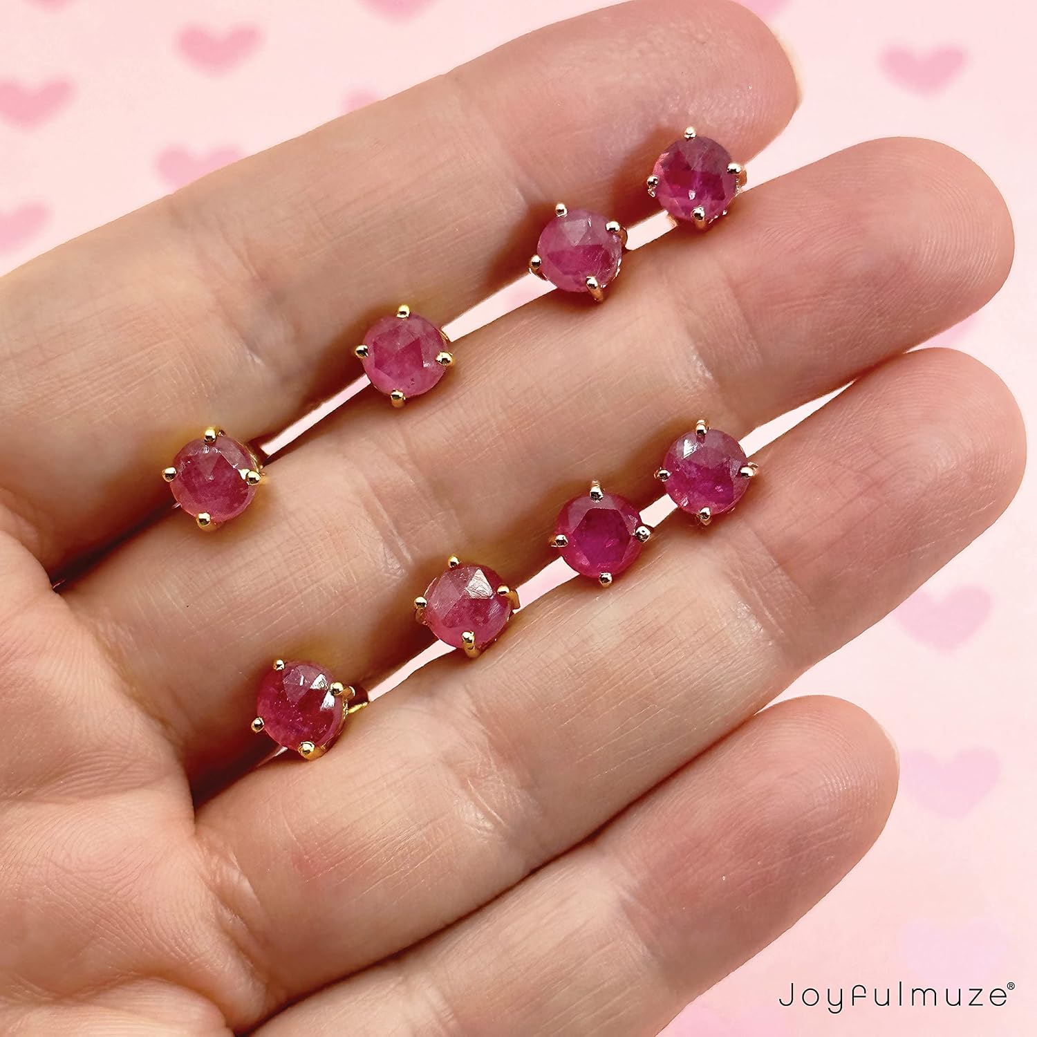 Natural Gemstone Stud Earrings – Pink Sapphire, Black Spinel, Garnet – Small Round Faceted Stones Handmade 18K Gold Plated Sterling Silver 925 Jewelry Gift for Women, 4mm or 6mm