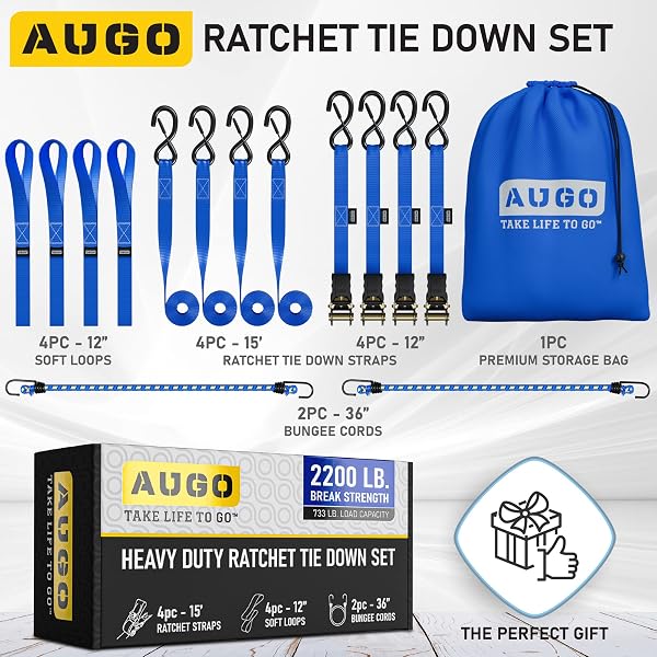 AUGO Ratchet Straps Heavy Duty 4 Pack -15 FT - 2200 LB Break Strength – with Safety Lock S Hooks - Cargo Straps for Moving, Appliances, Motorcycle – Soft Loop Tie Down Straps - 5