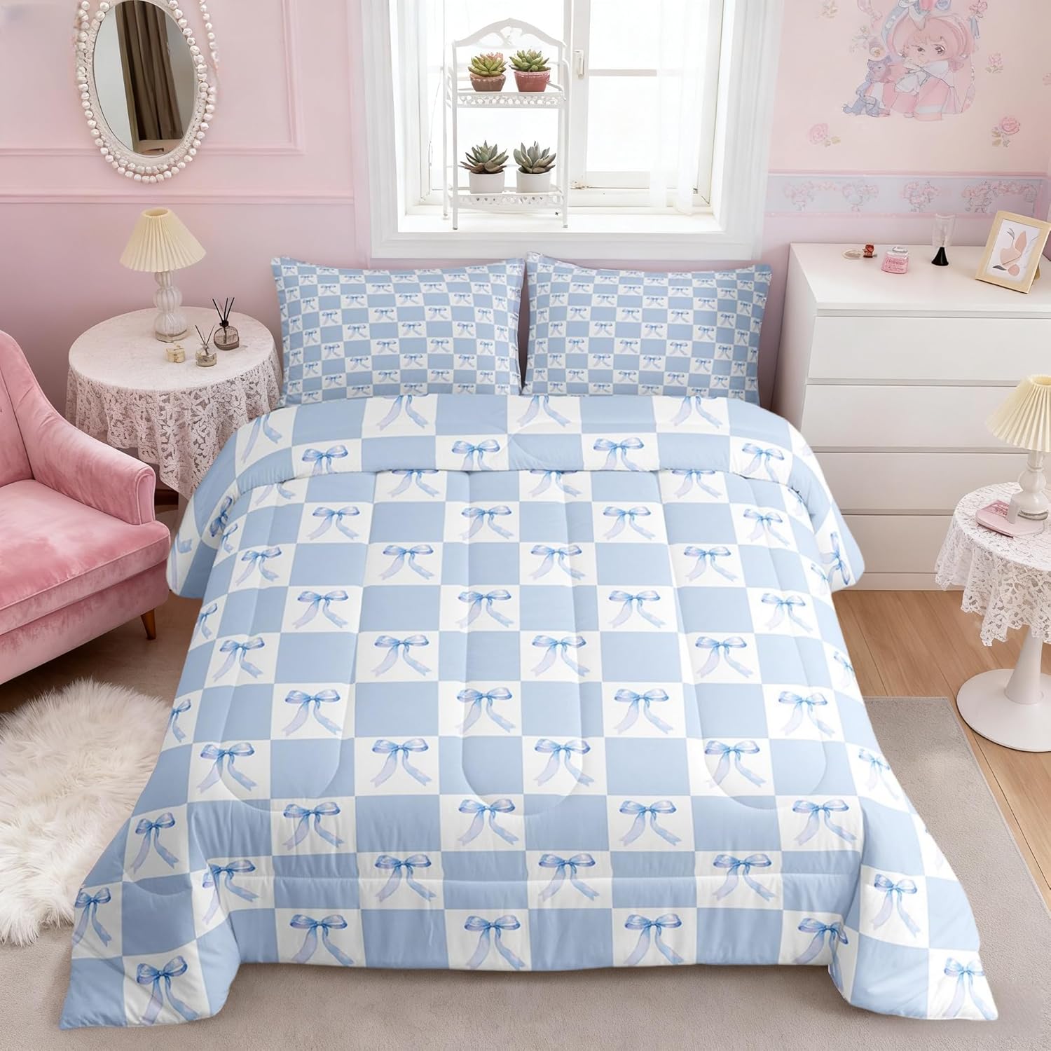 Manfei Blue Bowknot Bed Comforter Set Queen Size,Dreamy Bow Minimalist Grids Plaids Geometric Super Soft Microfiber Bedding Set for Adults Teens,Princess Style Blue White Comforter Set,2 Pillows
