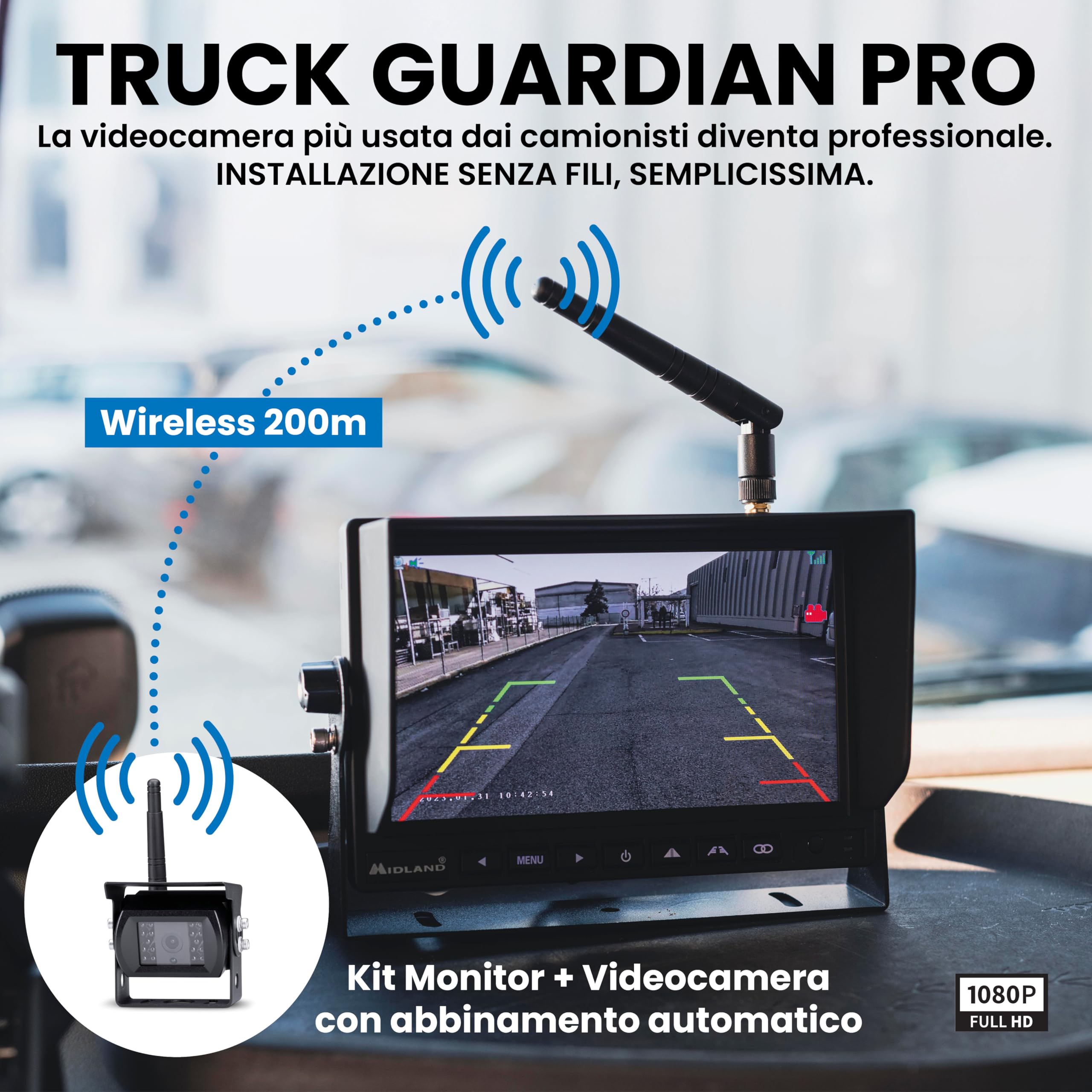 Midland - Dash Cam Camion Truck Guardian PRO, Retrocamera Camion per Manovra e Sorveglianza - Telecamera Senza Fili Retromarcia FullHD, Visione Notturna, 4 Telecamere, Registrazione SD
