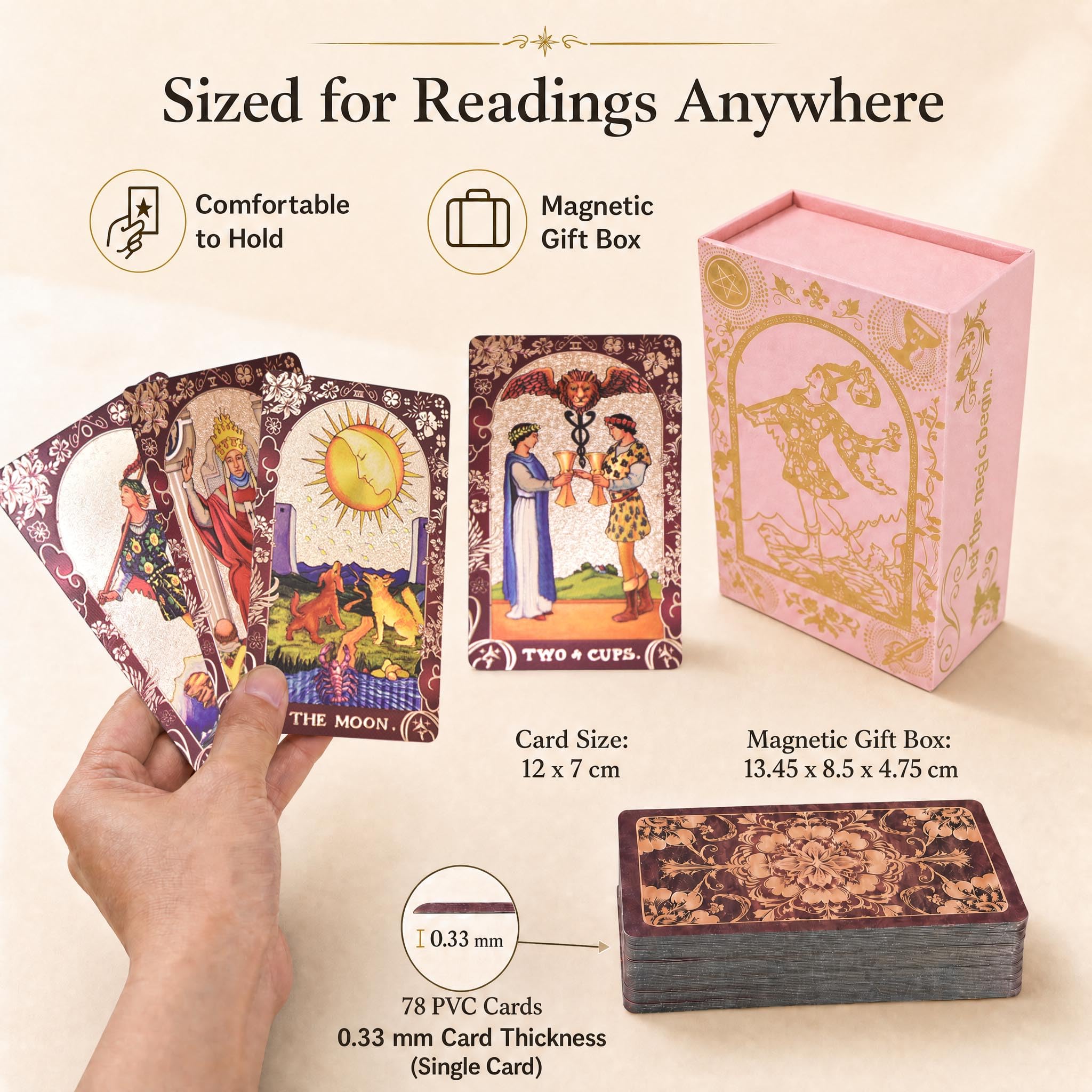 Wodoodporny tarot bordowy, 78 kart PVC, złota folia, EN | Matowe holograficzne wykończenie; 2 karty kolekcjonerskie i 36-stronicowy przewodnik po angielsku dla początkujących.
