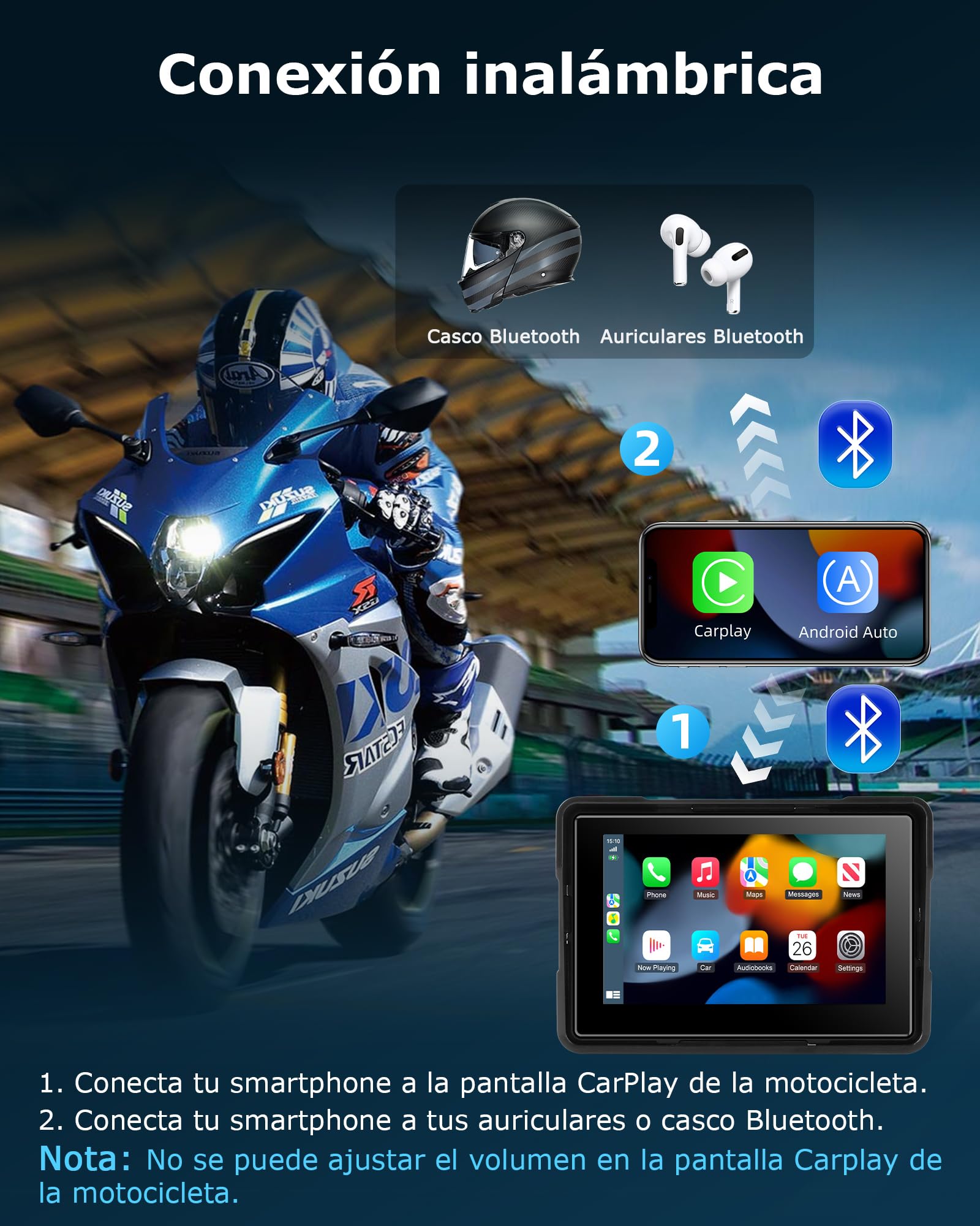 Jansite Carplay Moto Android Auto GPS Navegador Moto con Pantalla Táctil Impermeable de 5 Pulgadas, CarPlay y Android Auto Inalámbricos Navegación GPS Siri