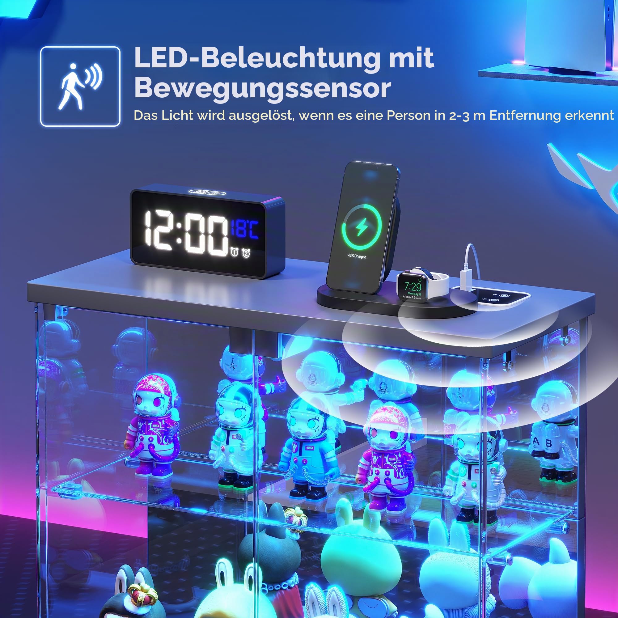 FREDEES Glasvitrine Stehend mit LED Beleuchtung - Kleine Zweistöckige Vitrinenschrank mit Ladestation, Vitrine mit Human-Sensor-Beleuchtung, für Figuren/Sammlerstücke/Spielzeug, Grau
