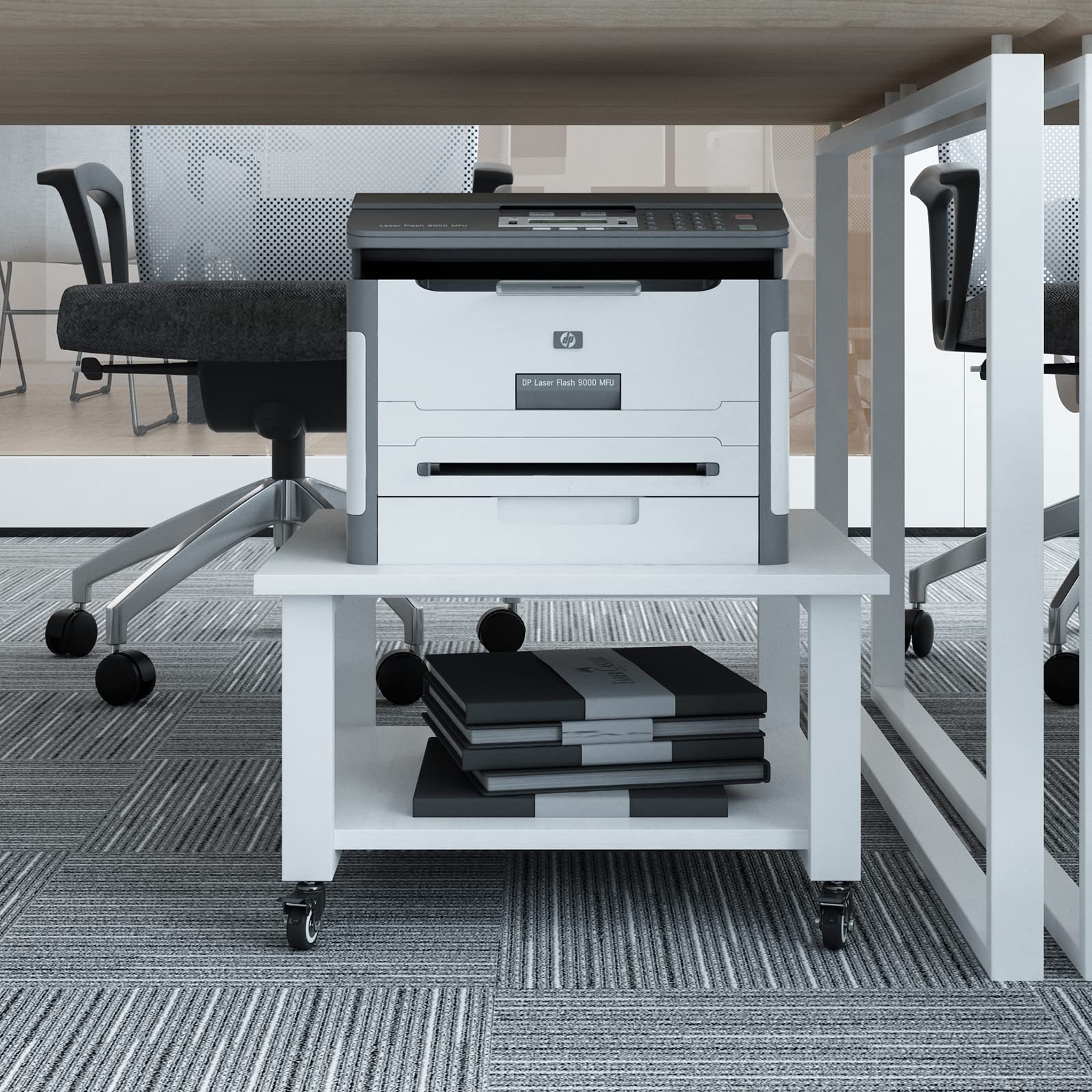 PUNCIA 2-Ebenen Druckertisch mit Rollen 50 x 50 x 30 cm Druckerständer | Druckerwagen mobiles Aufbewahrungsregal aus Holz & Metall bis zu 70 kg belastbar für Büro Zuhause Office Schule Weiß