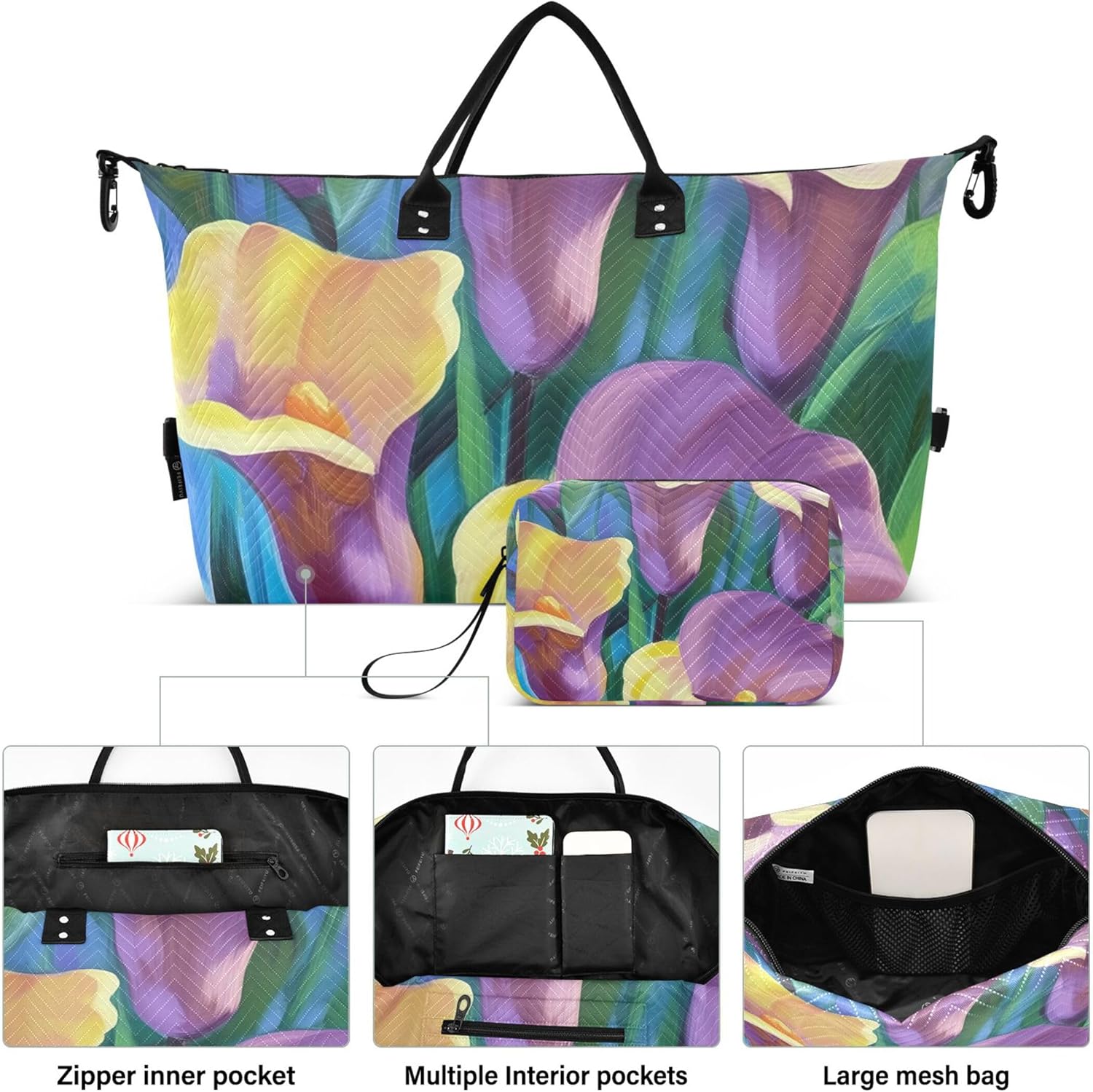 エレガントなカラーパープルフローラルダッフルバッグ トラベル&amp;トイレタリーポーチ 2個セット、クールな女性旅行一泊バッグ ト