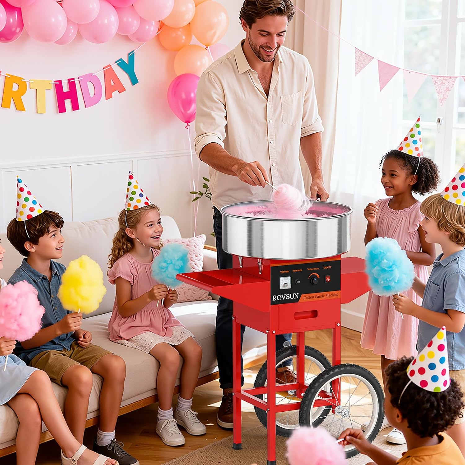 ROVSUN 21 Inch Cotton Candy Machine Cart, Commercial Cotton Candy Maker Machine Candy Floss Machine w/Stainless Steel Bowl, Sugar Scoop and Large Storage Drawer for Home Party Carnival, Red