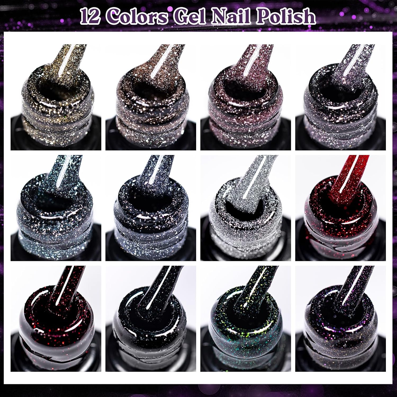 MEET ACROSS 12PCS Reflective Glitter Gel Nail Polish, Holographic Gel Polish Kit, Soak Off UV Nail Gel, Sparkly Glitter Nail Manicure Kit Gift for Beginners DIY (SET-8, 12PCS)