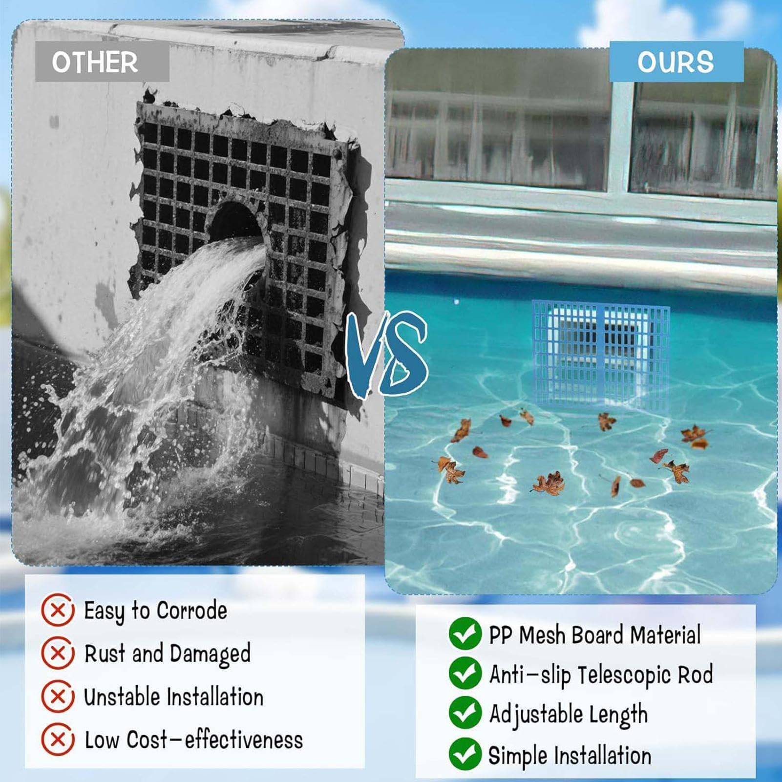 Kit per skimmer per piscina, facile da montare, blocca detriti per stagni esterni interrati, vasche da bagno e giochi d'acqua, rimuove foglie, rami e immondizia