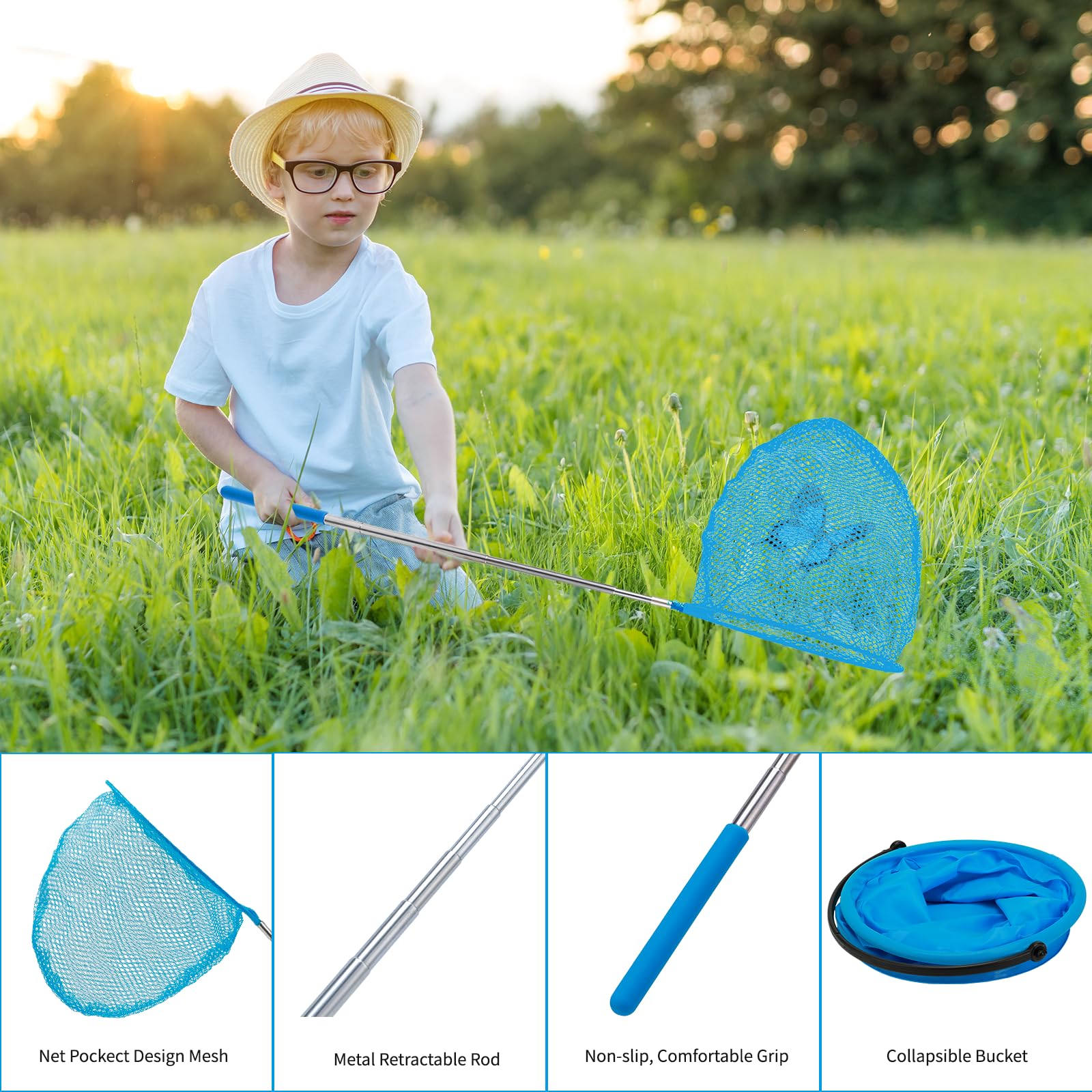 Retino per Bambini, Retino Telescopico per Bambini, Set da 7 Pezzi include 5 Retini per Farfalle e 2 Secchio Pieghevole, Retino da Pesca per Bambini per Catturare Insetti, Pesci, Giardino