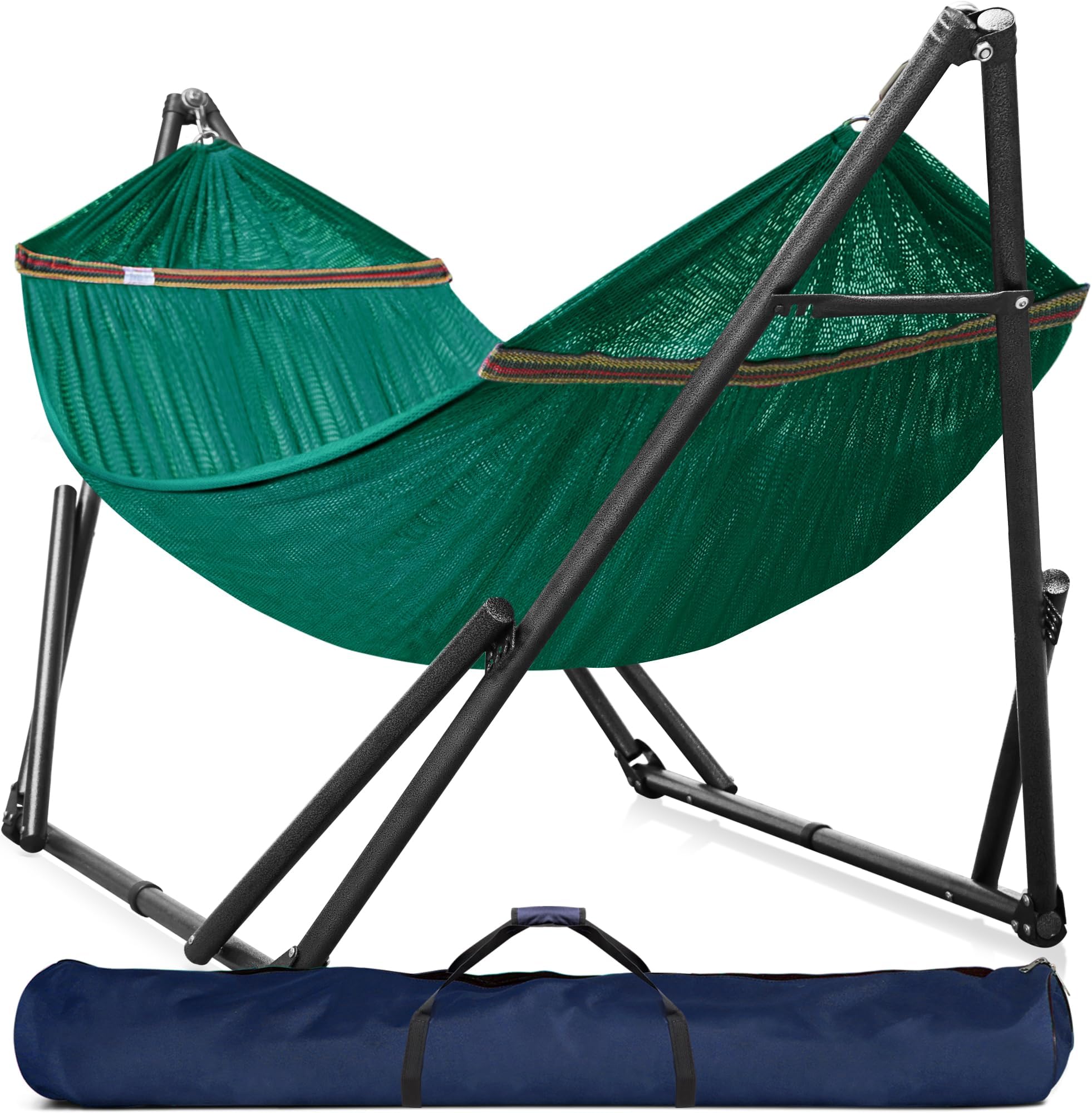 Tranquillo Double Hammock with Stand Included 30 Seconds Set Up for 2 Persons/Foldable Hammock Stand 550 lbs Capacity Portable Case, Inhouse, Outdoor, Camping, Peacock
