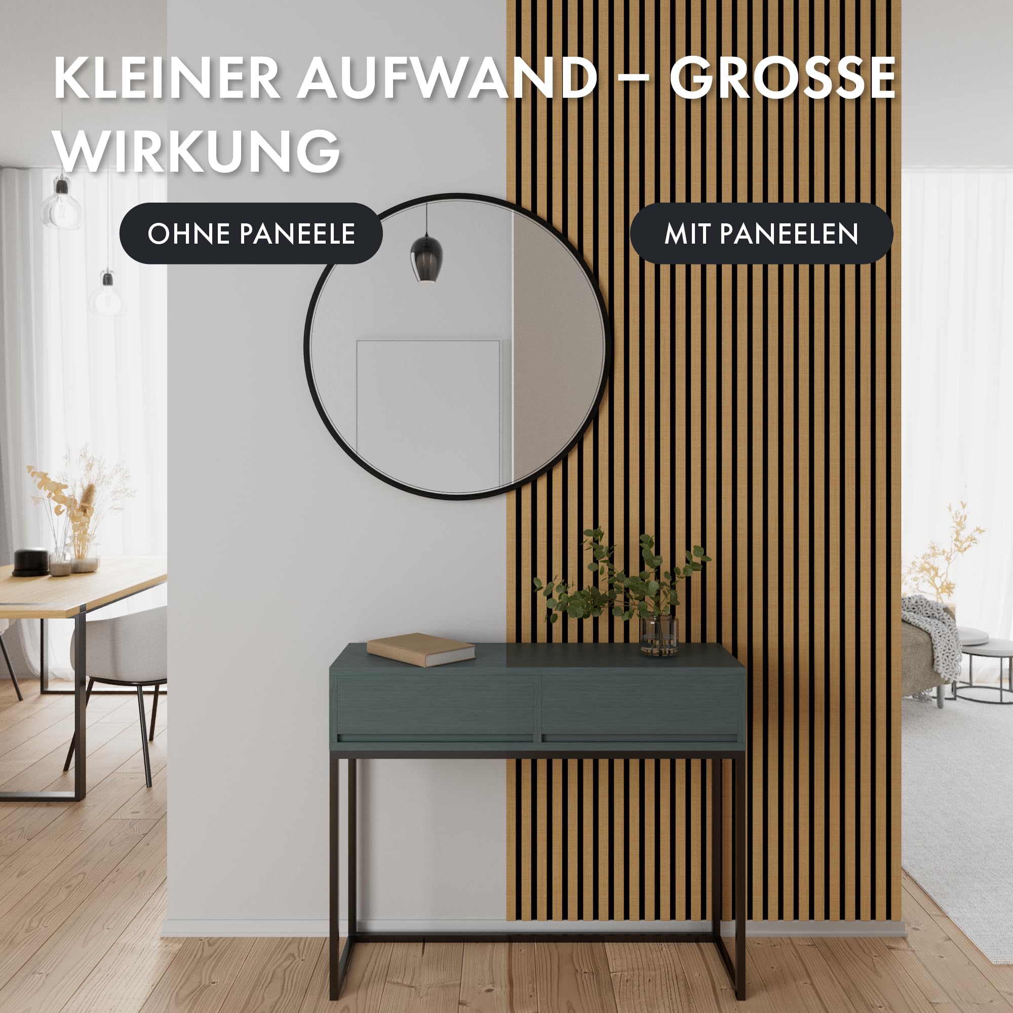 Momento Akustikpaneele Holz 240x50 cm - Made in Germany - Eiche Geölt Dekor - Wandverkleidung Wandpaneele Holz Eiche als 3D Lamellenwand für effektiven Schallschutz - Akustik Holzpaneele Wand