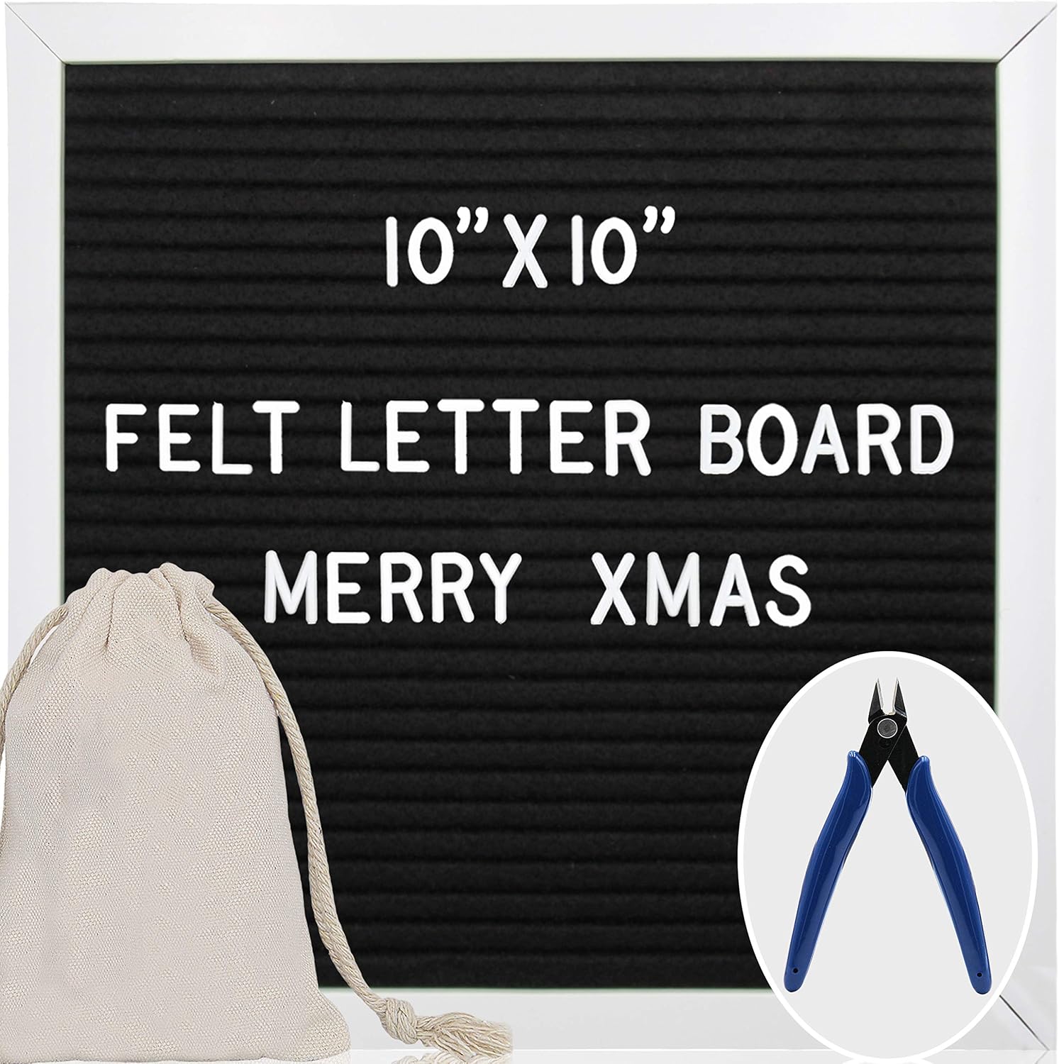 Letter Board - 10'' x 10'' Black Felt Letter Board with 460 Letters, Changeable Letter Board 10x10 Word Board,Business Message Board, Letter Sign with Mounting Hook Canvas Bag +Cute Scissors 021A