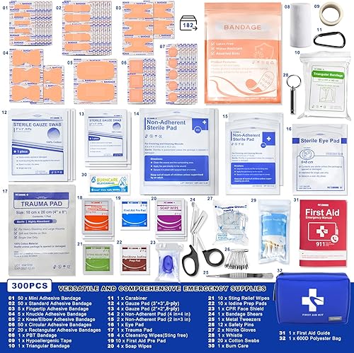 Miniatura 4 de Kit de primeros auxilios de 300 piezas para el hogar, coche, viajes, camping, senderismo, camión, oficina, negocios, deportes y exteriores, kit Azul