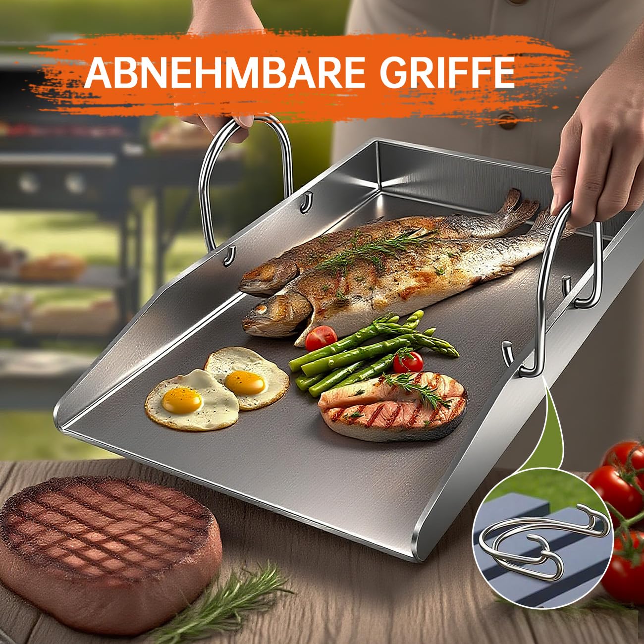 Plaque de cuisson en acier inoxydable - 40 x 30 cm - Épaisseur : 4 mm - Avec poignée amovible - Plaque de cuisson pour barbecue à gaz, barbecue à charbon et hamburgers - Plaques de cuisson